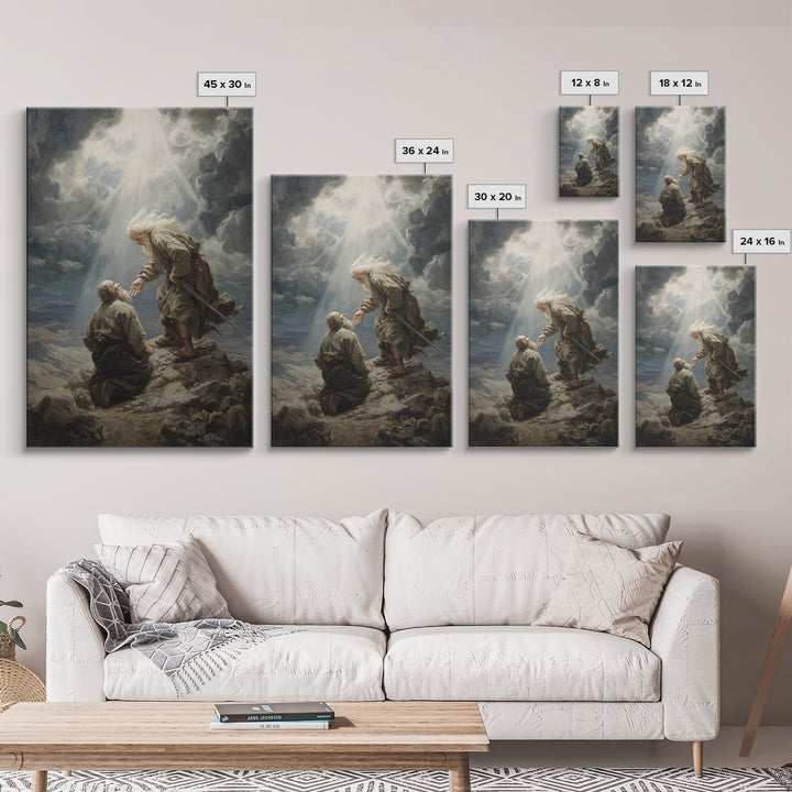 Biblical Scene Of Two Men On Rocky Landscape With Light Ray Spiritual Wall Art Framed Canvas Print For Christian Home Decor