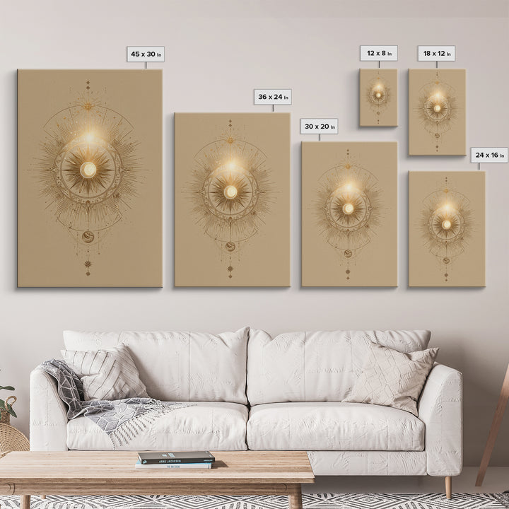 Golden Celestial Sun Mandala Wall Art, Mystical Moon Phase Art Print, Spiritual Home Decor, Boho Meditation Room Decor, Gift For Her