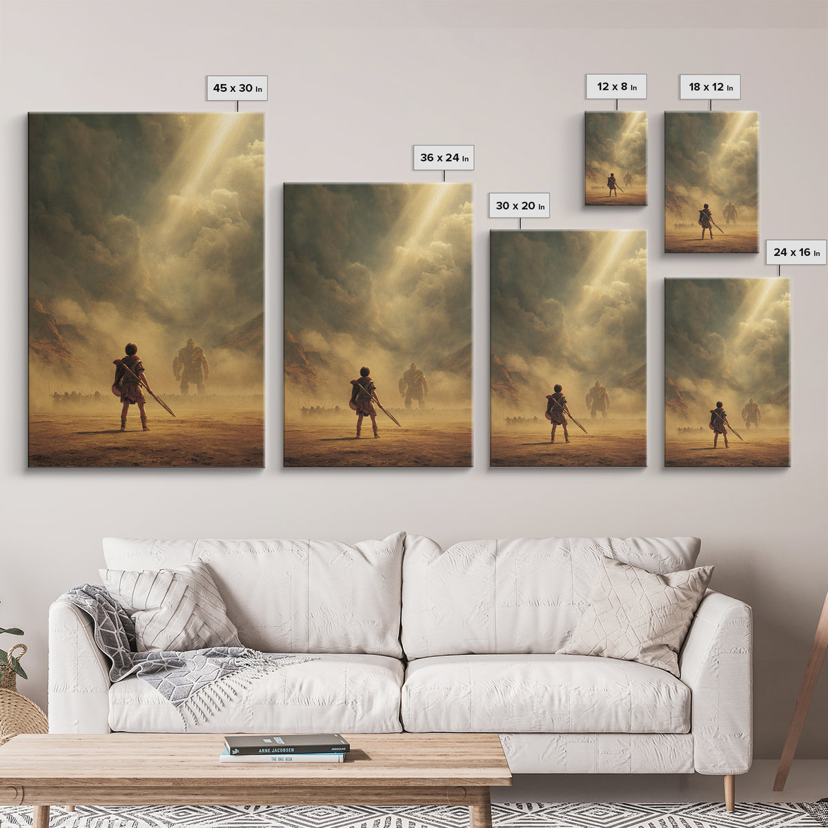 Epic Ancient Warrior Facing Giant In Dramatic Dusty Battlefield Sunlight Wall Art Framed Canvas Print For Living Room Decor