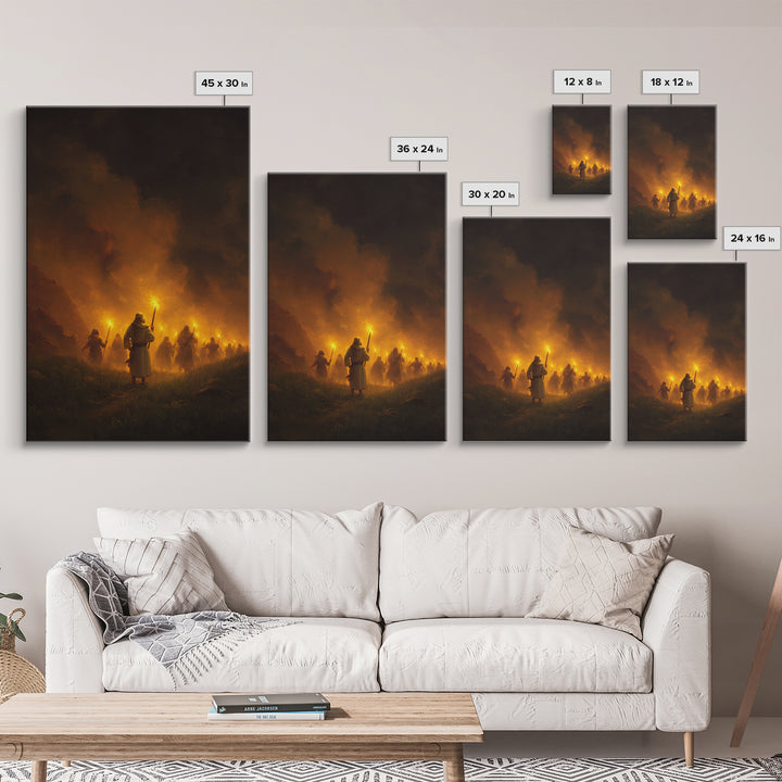 Medieval Procession With Illuminated Torches Dramatic Scene Wall Art Framed Canvas Print For Home And Office
