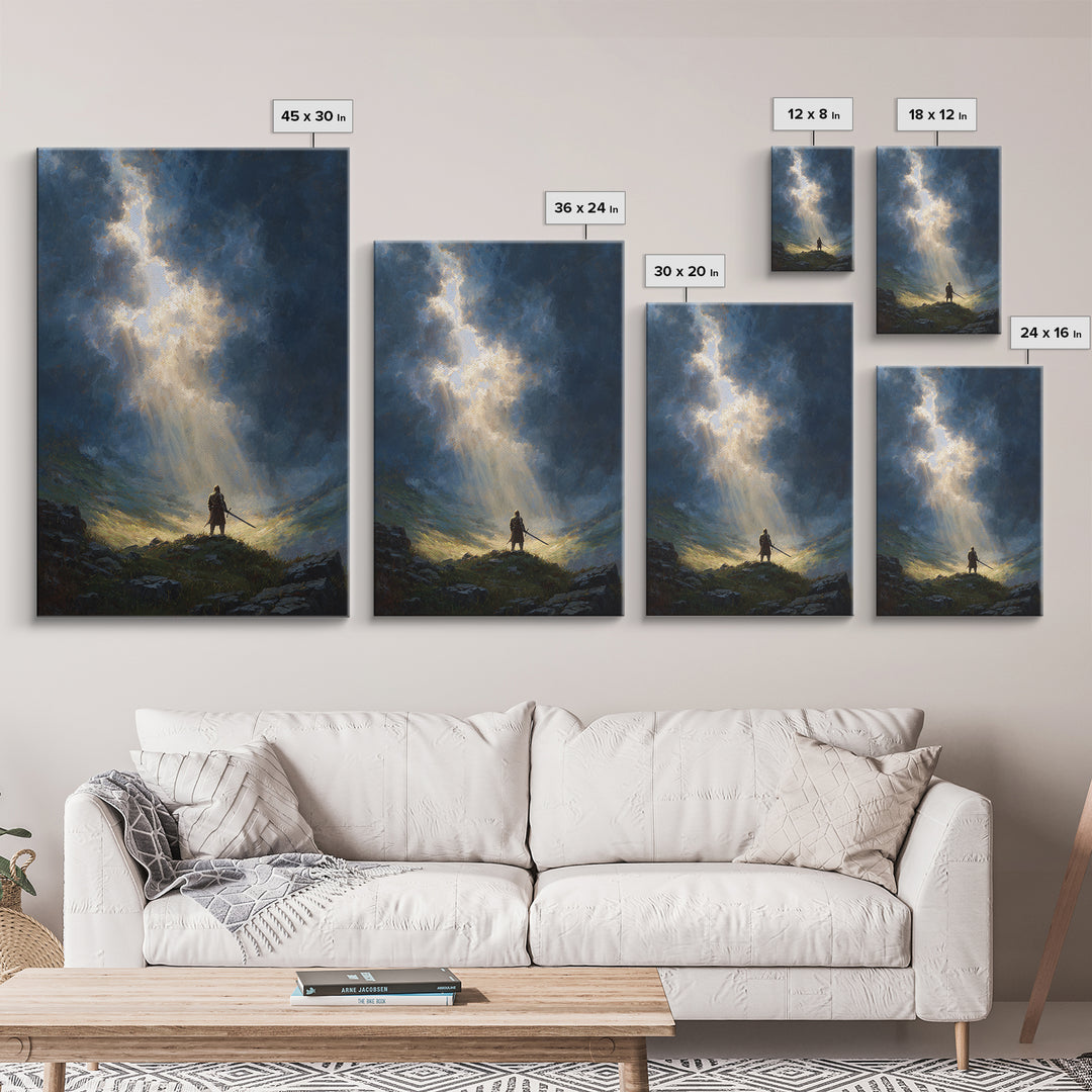 Dramatic Epic Knight Standing Among Mountains With Sword Overlooking Landscape Inspirational Wall Art Canvas Print