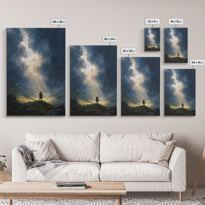 Dramatic Epic Knight Standing Among Mountains With Sword Overlooking Landscape Inspirational Wall Art Canvas Print