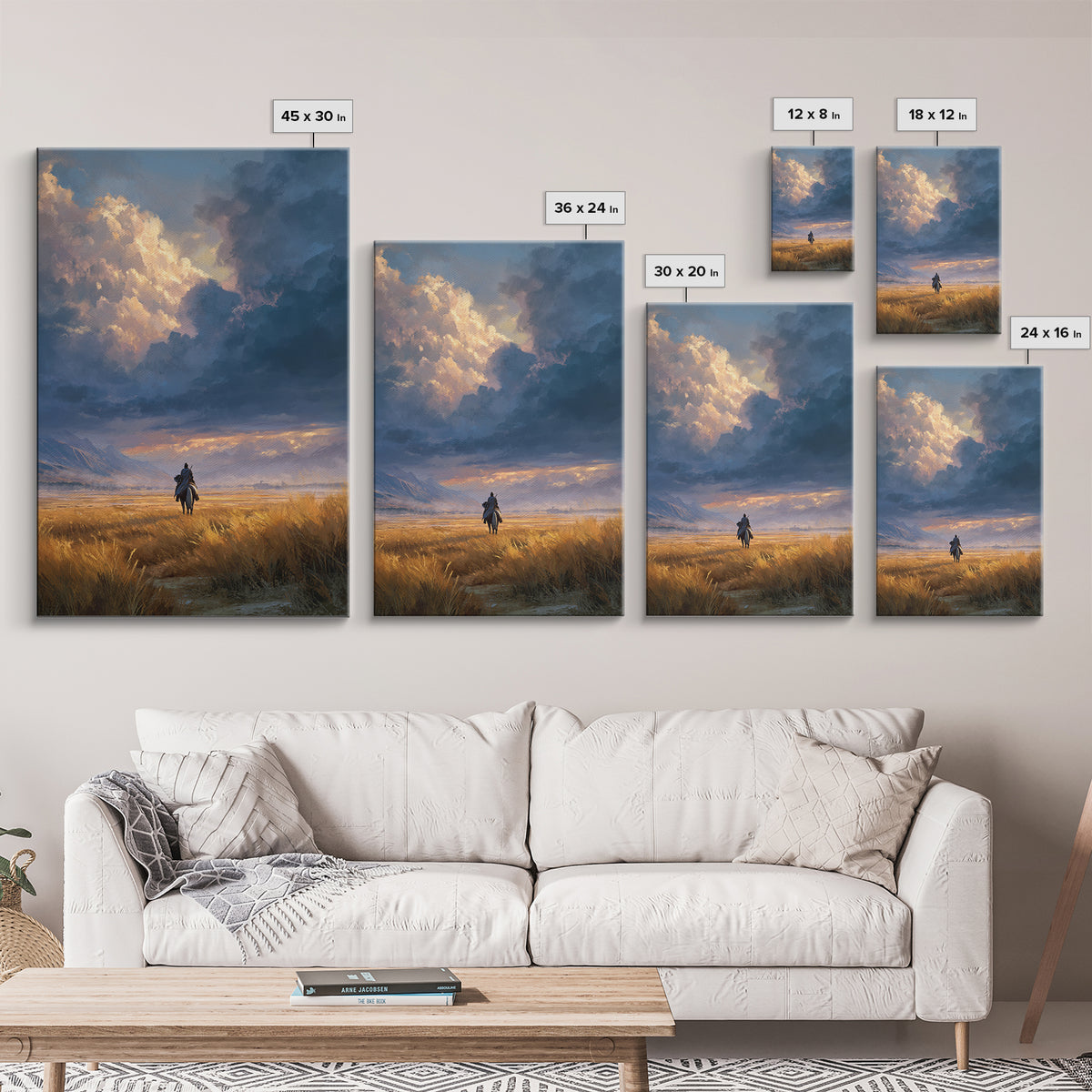 Lonely Rider In Vast Field With Dramatic Sky Landscape Painting Wall Art Framed Canvas Print