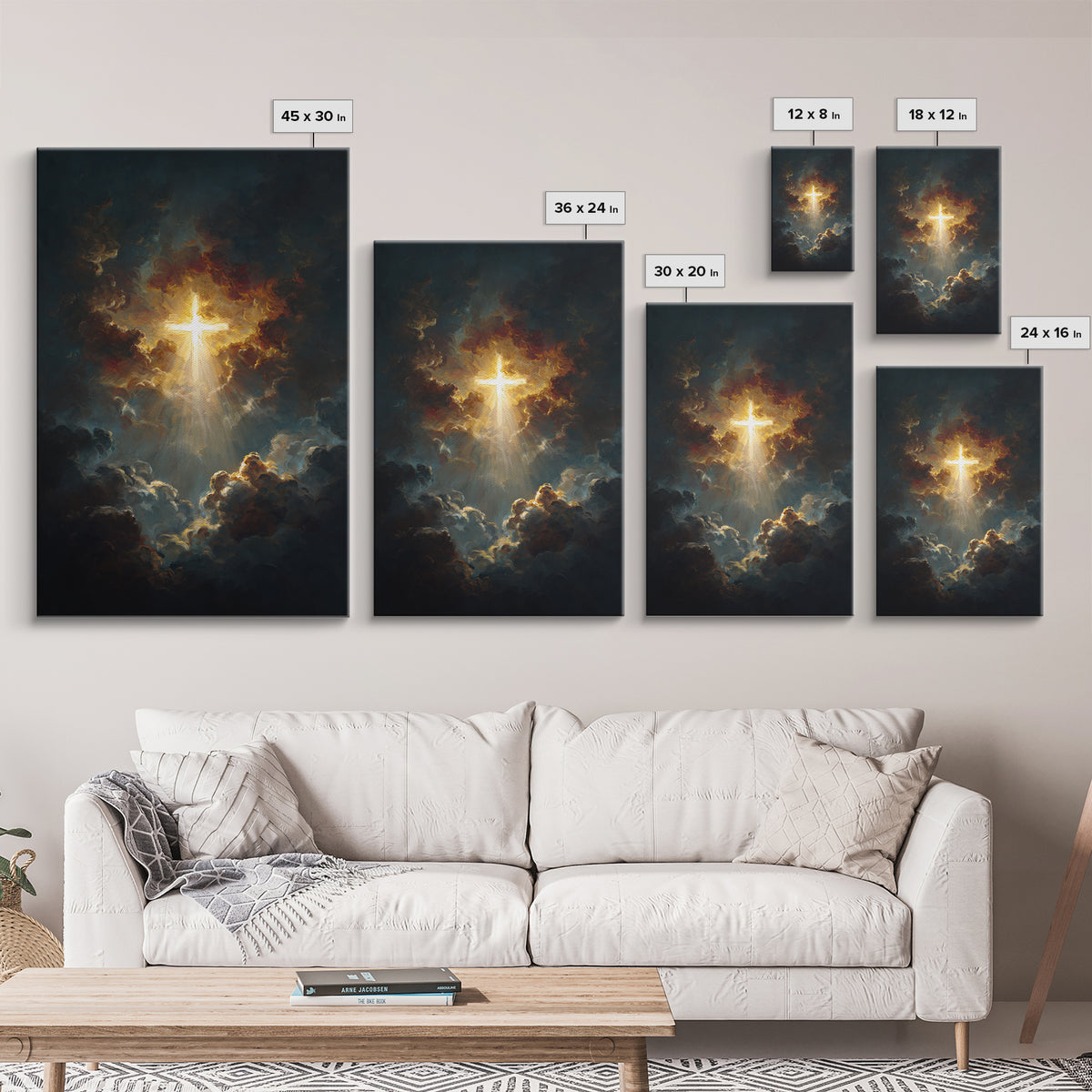 Radiant Golden Cross Amid Dark Clouds Inspirational Christian Wall Art Canvas Print For Home Decor