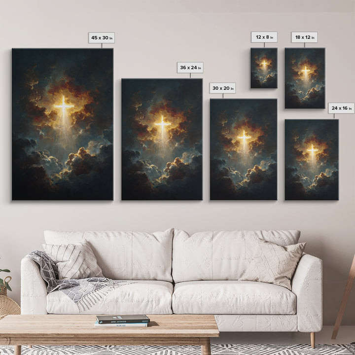 Radiant Golden Cross Amid Dark Clouds Inspirational Christian Wall Art Canvas Print For Home Decor