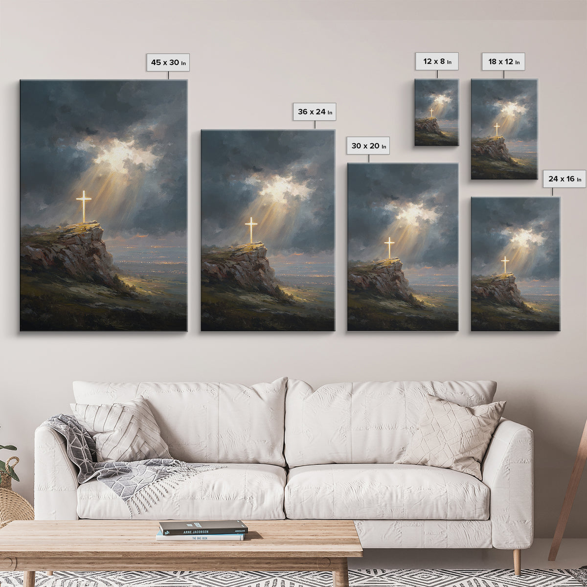 Dramatic Light Over Cliff Cross Spiritual Wall Art Framed Canvas Print For Inspirational Religious Home Decor Or Gift