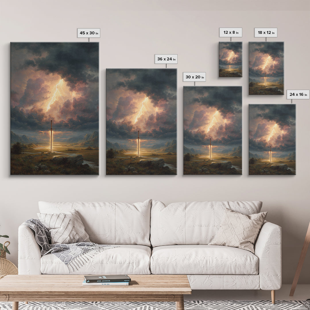 Epic Sword Lightning Storm Fantasy Wall Art Digital Painting Canvas Print For Fantasy Lovers And Gaming Room Decor