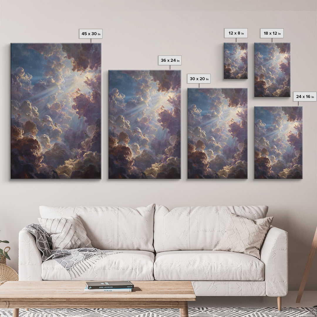 Dramatic Heavenly Clouds With Figures And Light Rays Spiritual Religious Wall Art Oil Painting Large Wall Art Framed Canvas Print