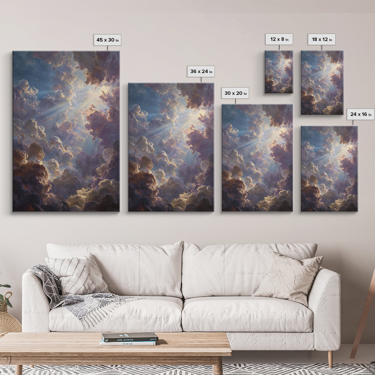 Dramatic Heavenly Clouds With Figures And Light Rays Spiritual Religious Wall Art Oil Painting Large Wall Art Framed Canvas Print