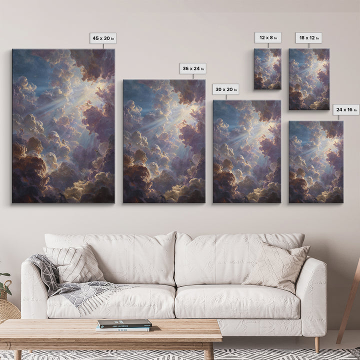 Dramatic Heavenly Clouds With Figures And Light Rays Spiritual Religious Wall Art Oil Painting Large Wall Art Framed Canvas Print
