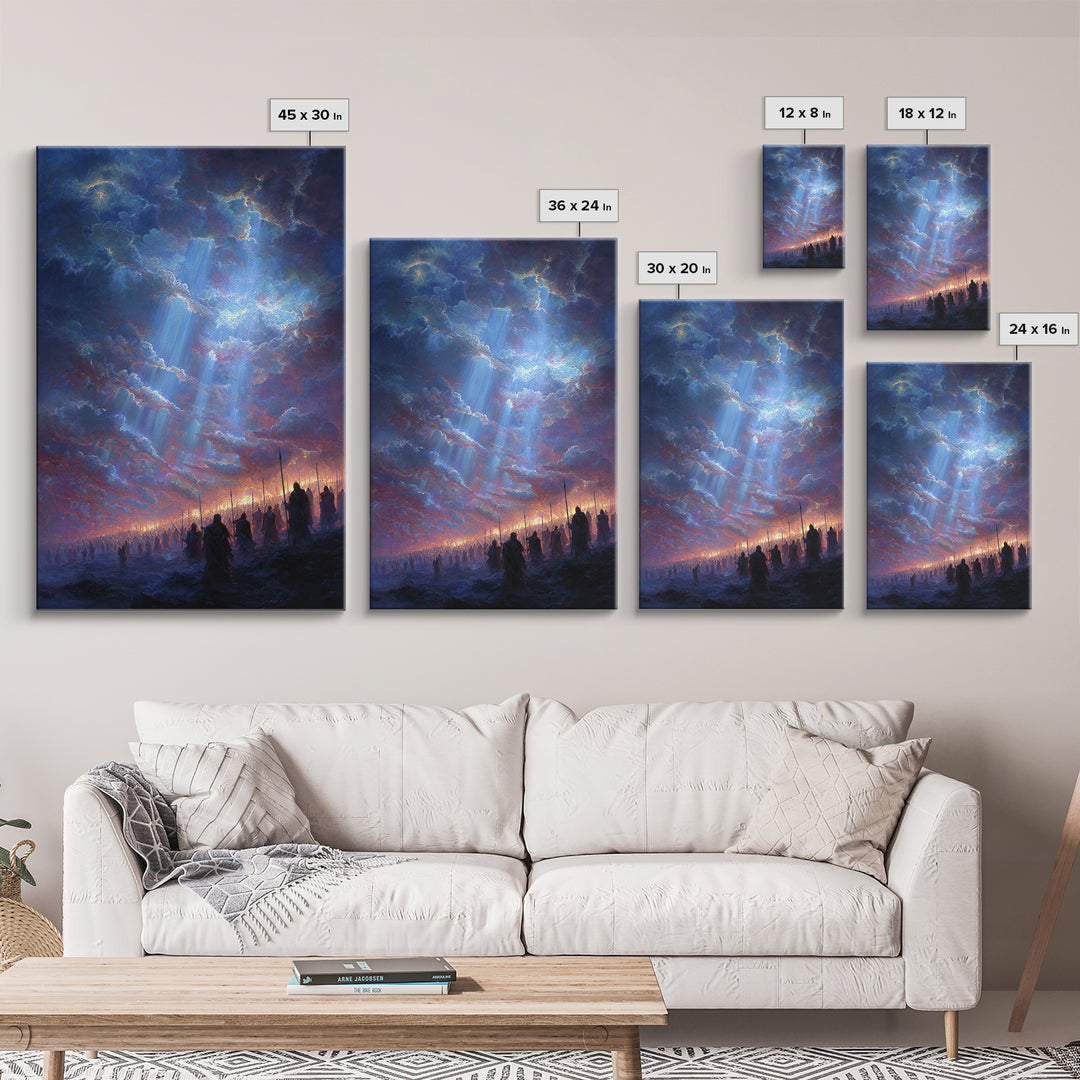 Epic Fantasy Army Under Dramatic Sky With Sun Rays Wall Art Framed Canvas Print For Bedroom or Office Decor