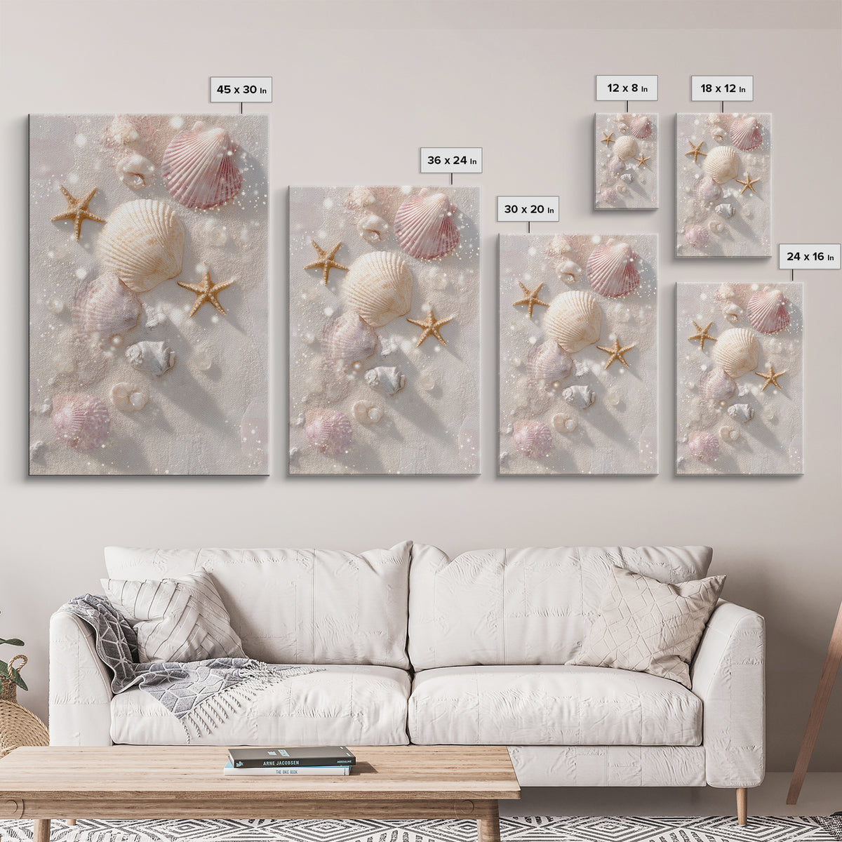 Pastel Seashells And Starfish Canvas Print, Coastal Wall Art, Beach House Decor, Ocean Bathroom Art, Gift For Her, Nautical Decor