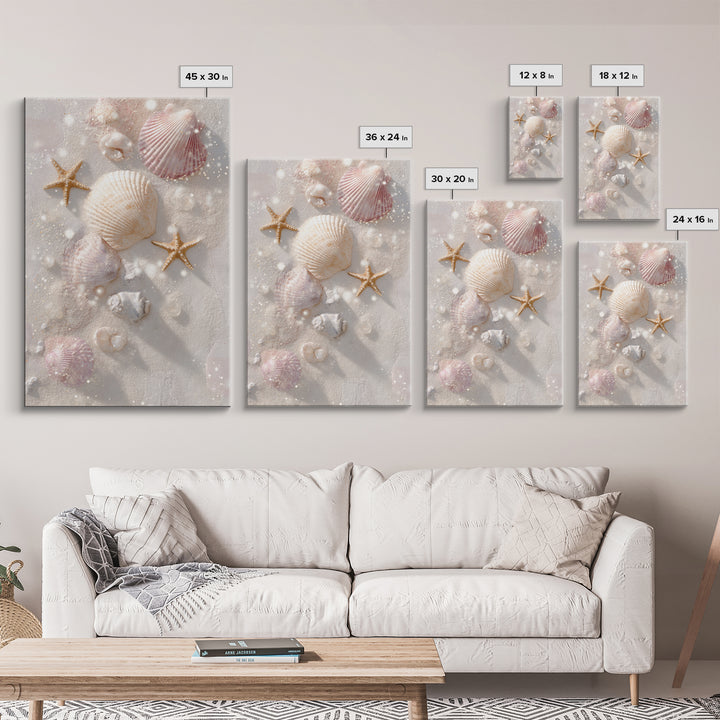 Pastel Seashells And Starfish Canvas Print, Coastal Wall Art, Beach House Decor, Ocean Bathroom Art, Gift For Her, Nautical Decor