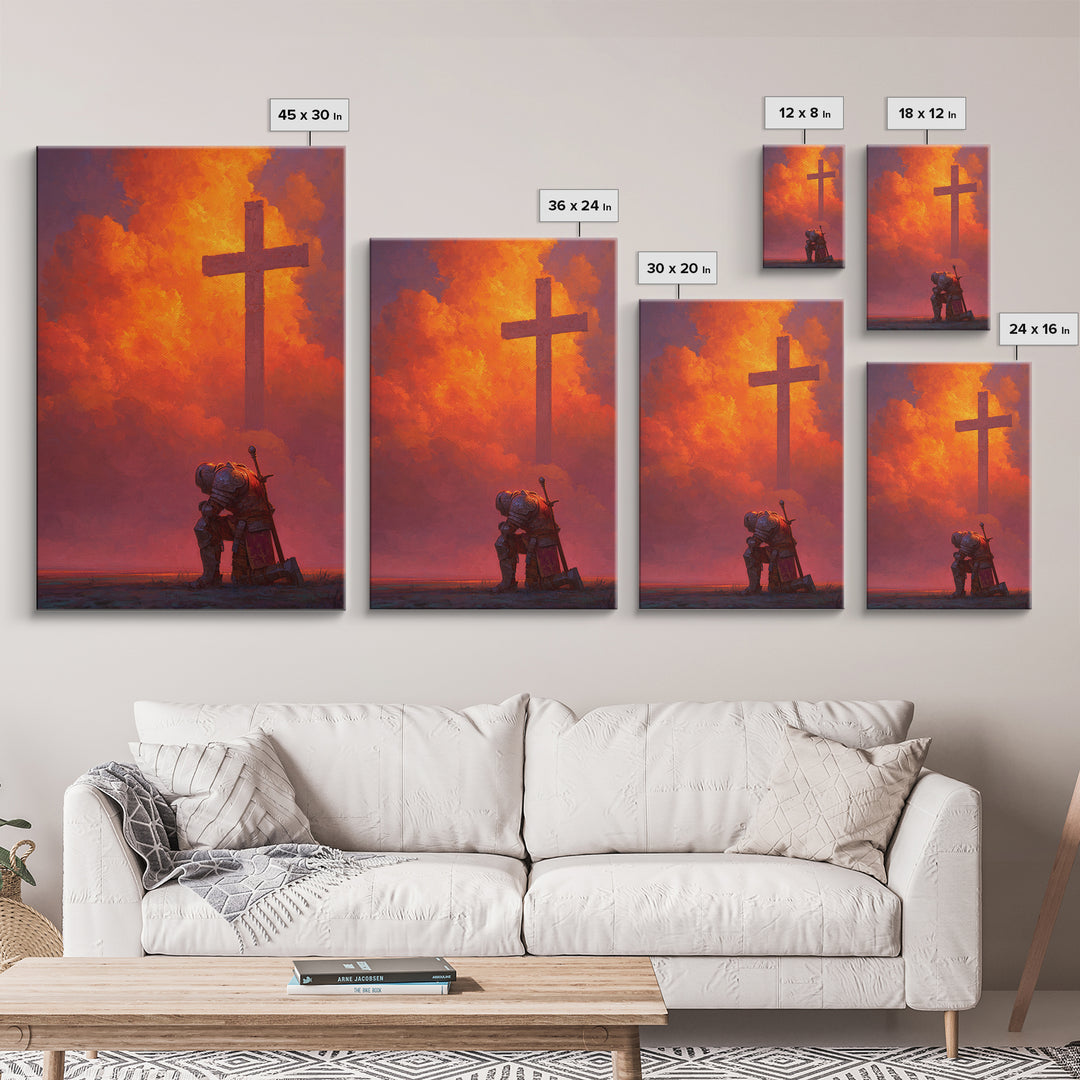 Medieval Knight Kneeling Before Cross In Fiery Sky Dramatic Fantasy Art Wall Art Canvas Print For Spiritual Decor