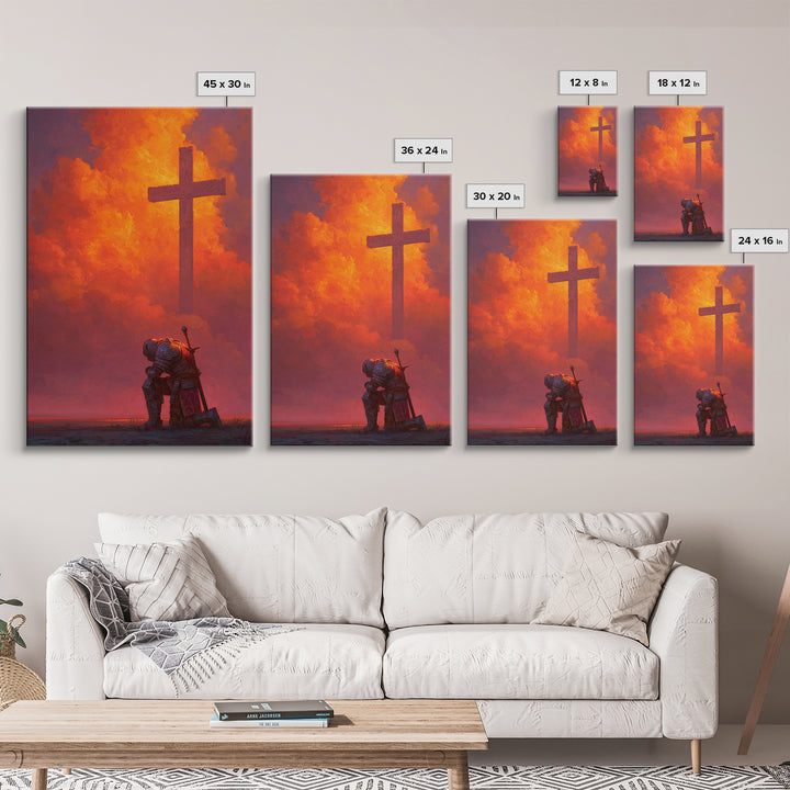 Medieval Knight Kneeling Before Cross In Fiery Sky Dramatic Fantasy Art Wall Art Canvas Print For Spiritual Decor