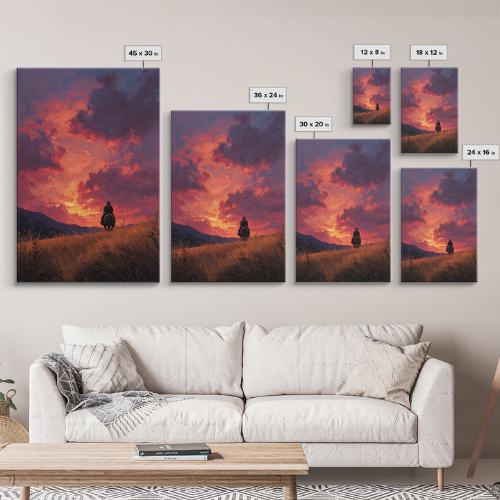 Epic Western Lone Rider On Horseback Silhouette Against Dramatic Sunset Sky Oil Painting Wall Art
