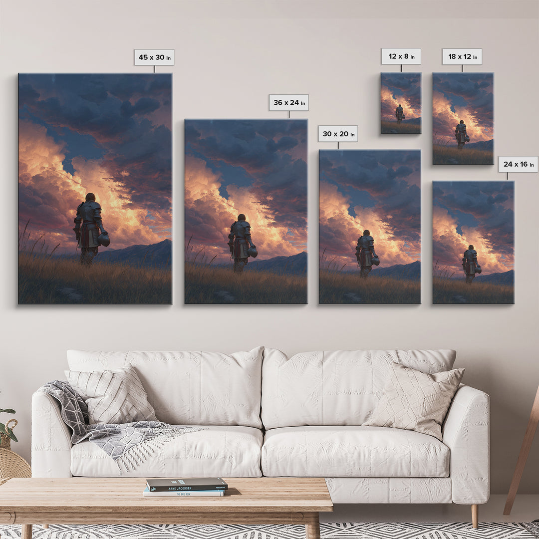 Knight Standing Under Dramatic Cloudy Sunset Sky Canvas Print Medieval Wall Art For Living Room And Office Decor