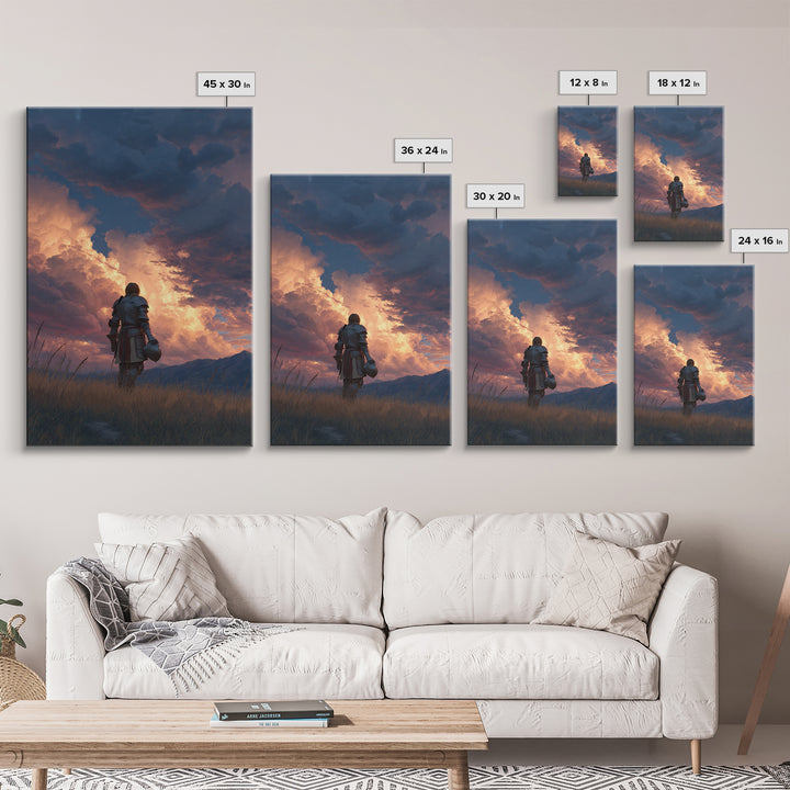 Knight Standing Under Dramatic Cloudy Sunset Sky Canvas Print Medieval Wall Art For Living Room And Office Decor