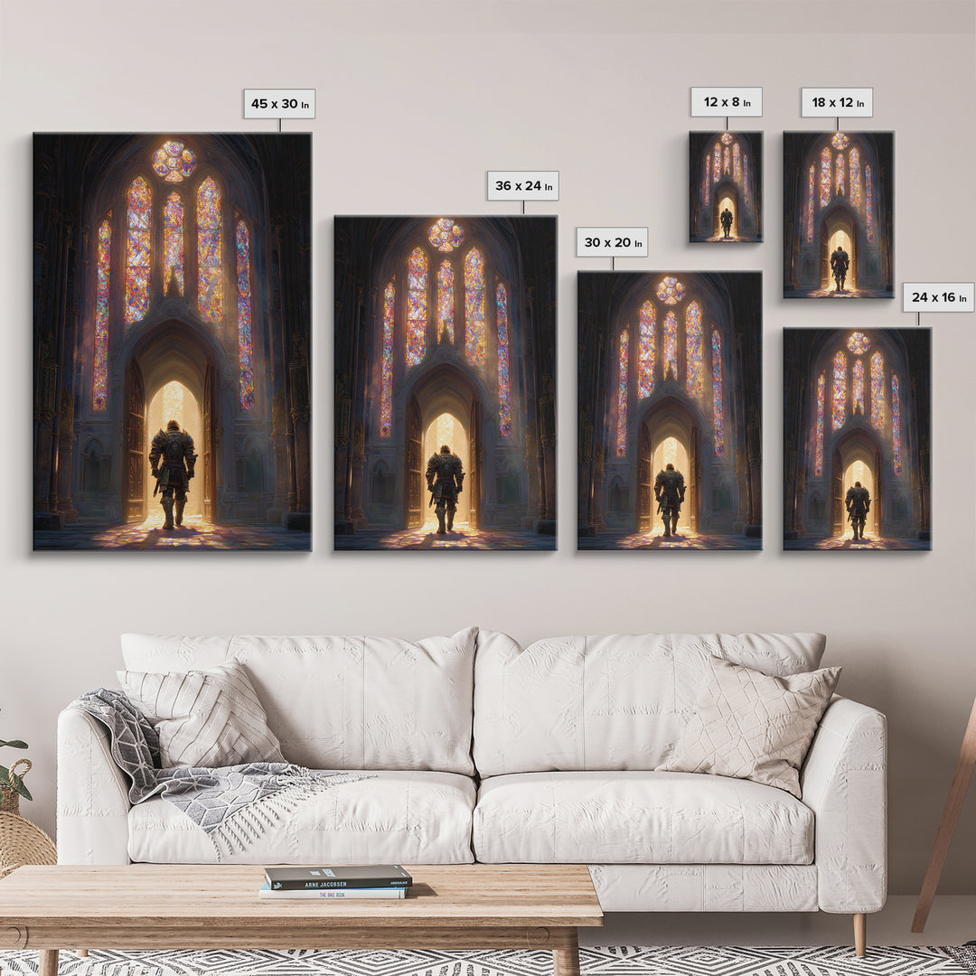 Fantasy Knight In Gleaming Armor Entering Stained Glass Lit Castle Hall - Epic Wall Art Framed Canvas Print For Fantasy Fans
