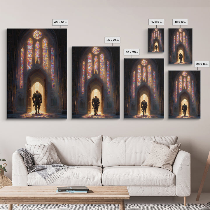 Fantasy Knight In Gleaming Armor Entering Stained Glass Lit Castle Hall - Epic Wall Art Framed Canvas Print For Fantasy Fans