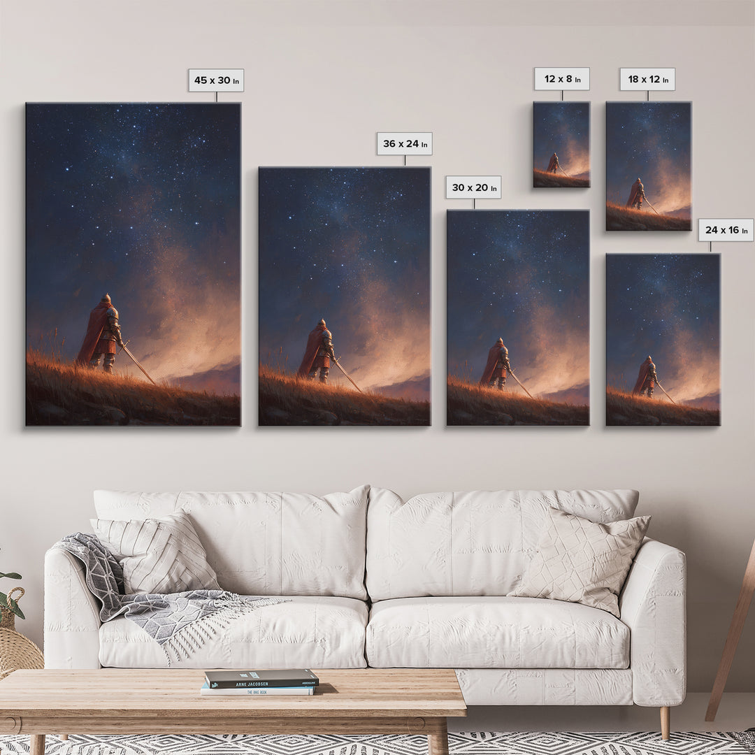 Knight Standing Under Starry Night Sky With Sword Illustration Fantasy Wall Art Framed Canvas Print For Home Decor