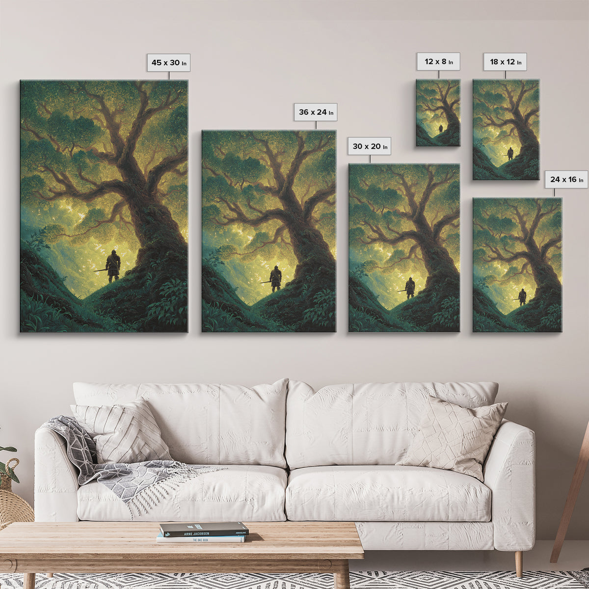 Fantasy Artwork Knight Standing Under Enchanted Glowing Tree In Mystical Forest - Canvas Print For Magical Wall Art And Fairytale Home Decor