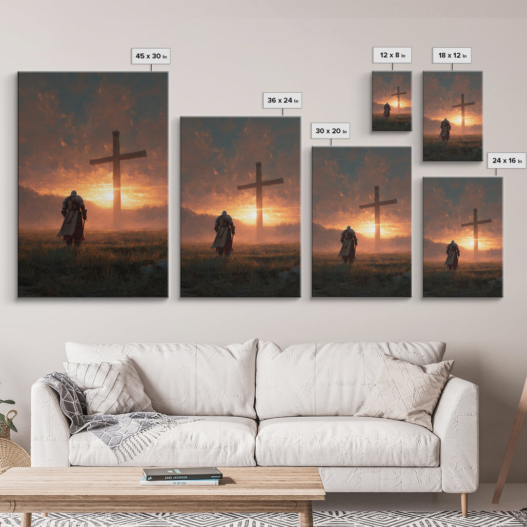 Knight Kneeling Before Large Cross At Sunset Spiritual Wall Art Framed Canvas Print Religious Artwork For Home Decor