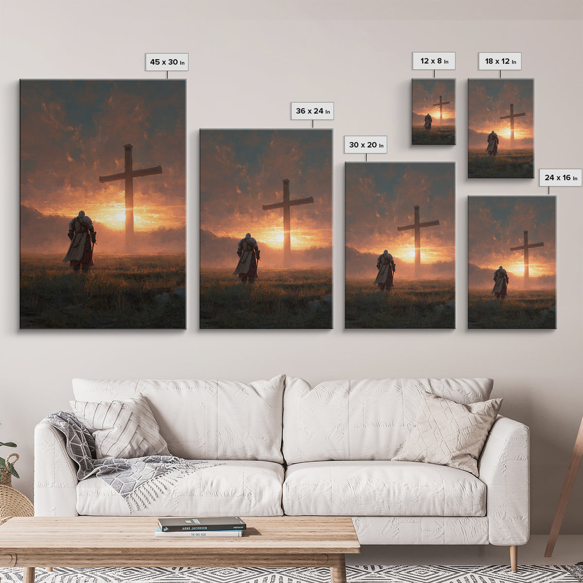Knight Kneeling Before Large Cross At Sunset Spiritual Wall Art Framed Canvas Print Religious Artwork For Home Decor