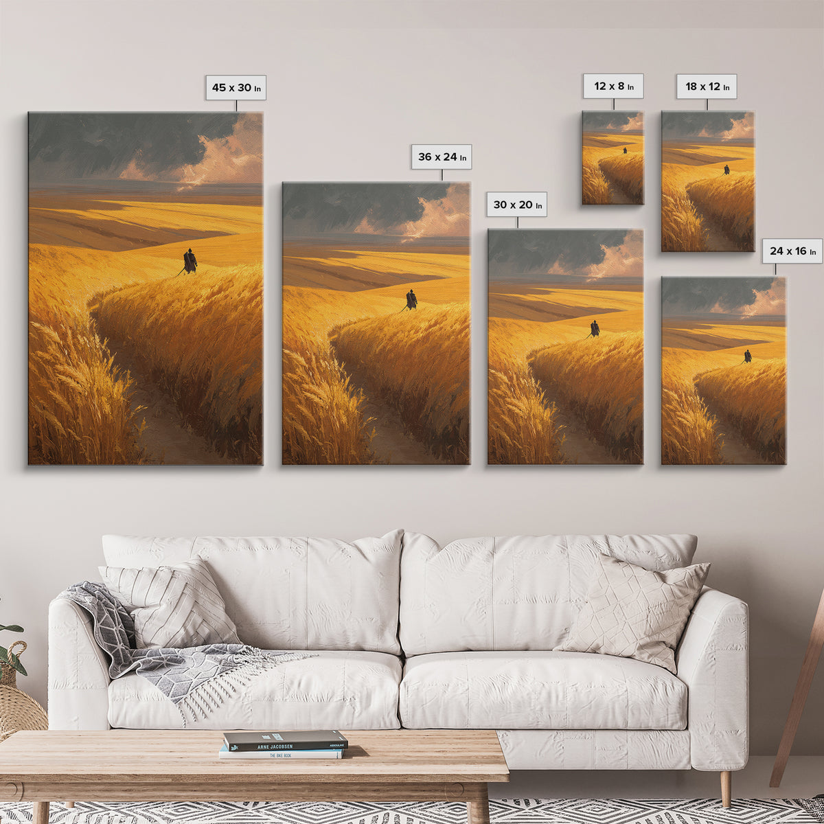 Expansive Golden Wheat Field With Lone Figure Walking Abstract Landscape Wall Art Modern Canvas Print For Rustic Home Or Office Decor