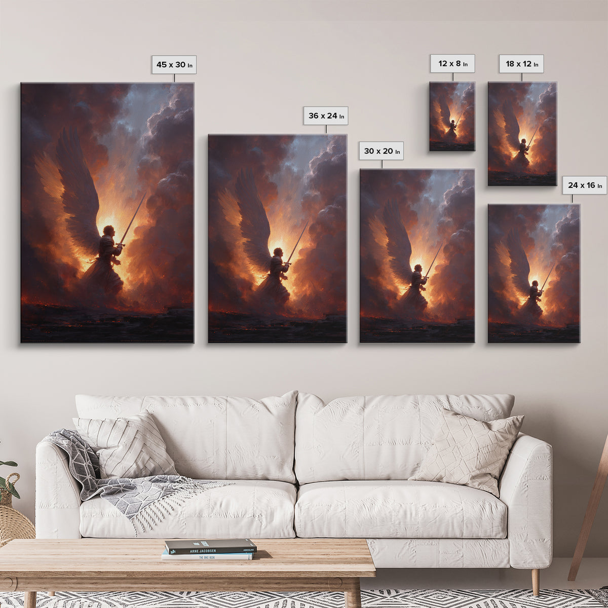 Epic Angel Warrior With Sword Radiant Light And Fiery Background Fantasy Art Framed Canvas Print For Home