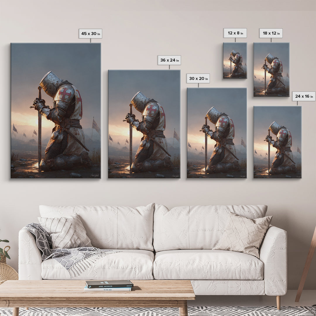 Medieval Knight In Armor Kneeling With Sword At Sunset Dramatic Fine Art Print For Historical And Fantasy Wall Art