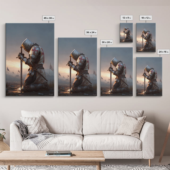 Medieval Knight In Armor Kneeling With Sword At Sunset Dramatic Fine Art Print For Historical And Fantasy Wall Art