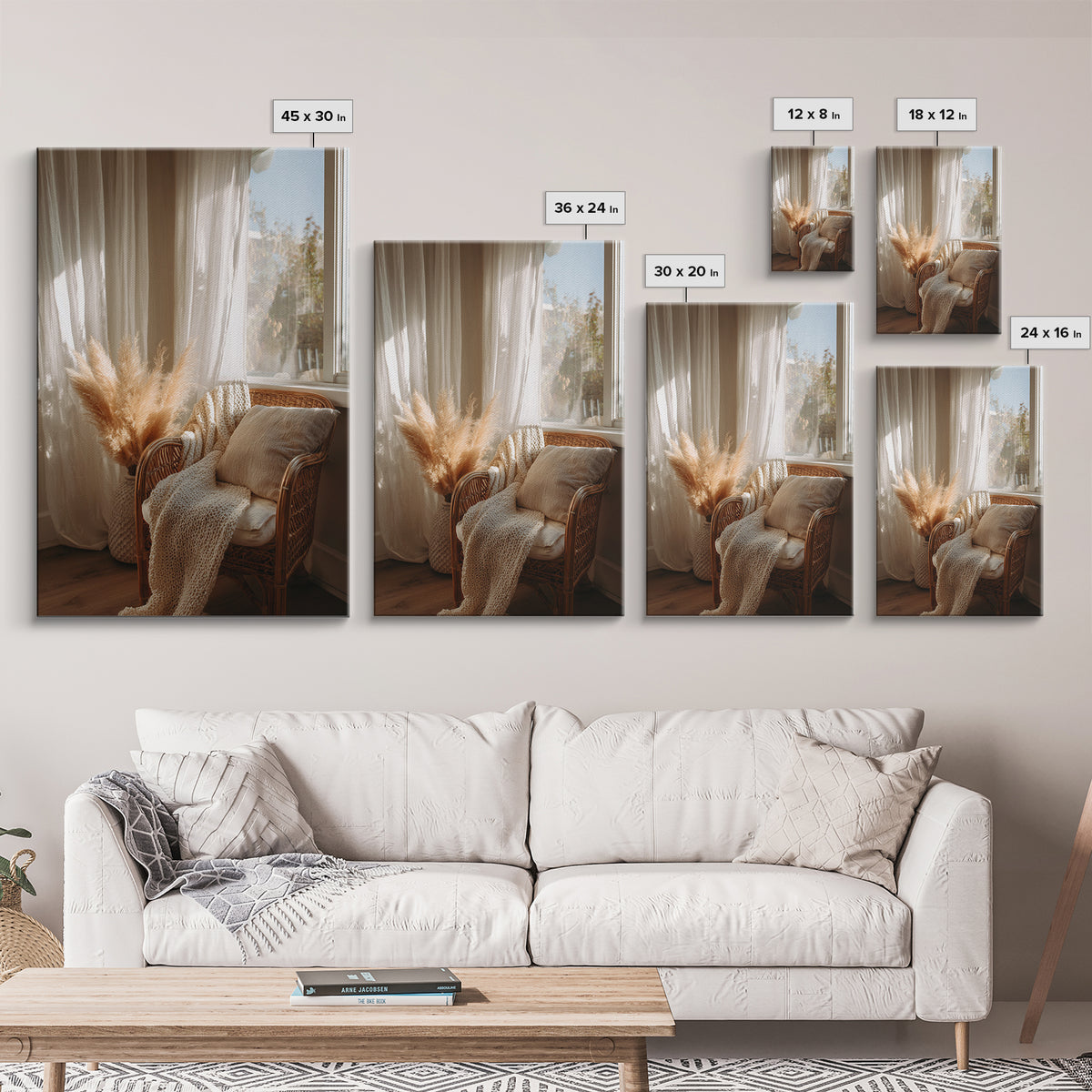 Cozy Wicker Chair And Pampas Grass Wall Art, Neutral Boho Home Decor, Sunlit Bedroom Canvas Print, Housewarming Gift For Her