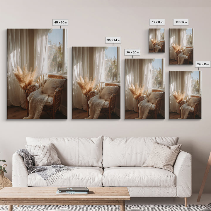 Cozy Wicker Chair And Pampas Grass Wall Art, Neutral Boho Home Decor, Sunlit Bedroom Canvas Print, Housewarming Gift For Her