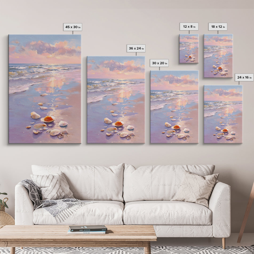Pastel Seashell Beach Sunset Canvas Print, Coastal Wall Art, Ocean Painting, Beach House Decor, Seascape, Gift For Her, Home Decor