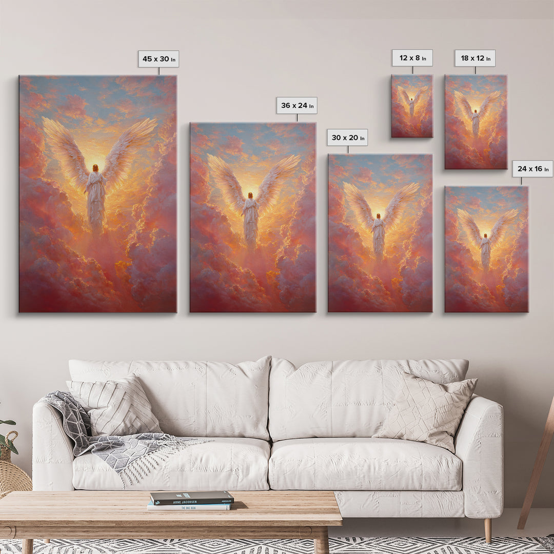 Glowing Angel In Radiant Sunset Sky Symbolic Spiritual Painting Wall Art Framed Canvas Print