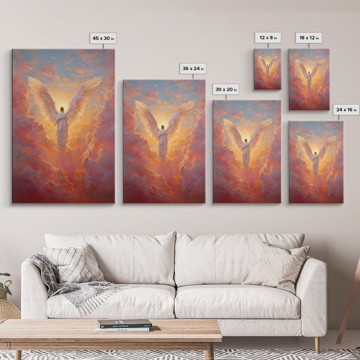 Glowing Angel In Radiant Sunset Sky Symbolic Spiritual Painting Wall Art Framed Canvas Print
