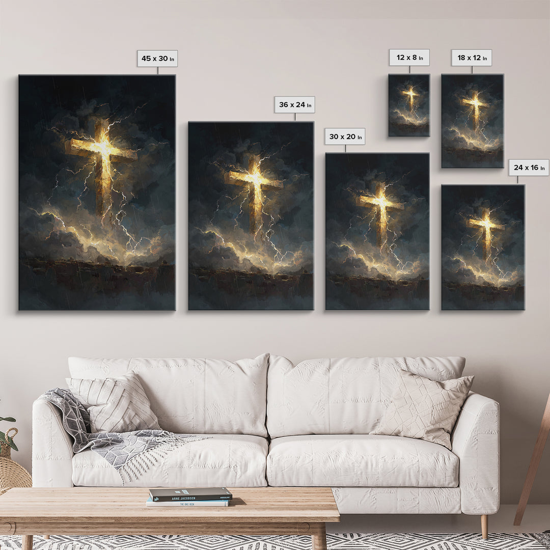 Powerful Cross Illuminated In Stormy Dark Sky Christianity Religious Wall Art Framed Canvas Print