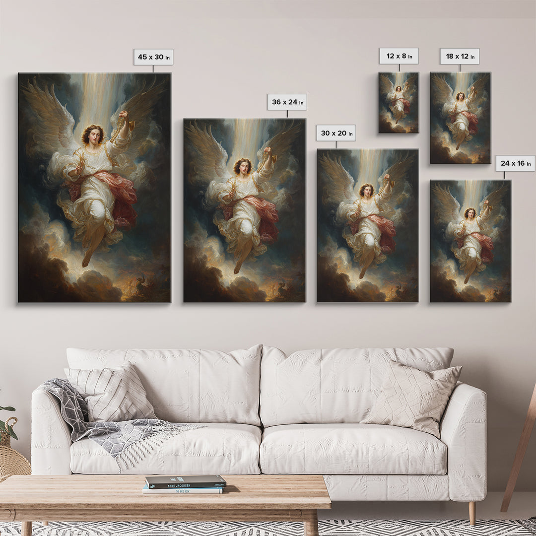 Radiant Angel In White Robes With Gold Accents And Warm Glowing Light - Framed Canvas Print For Home Decor