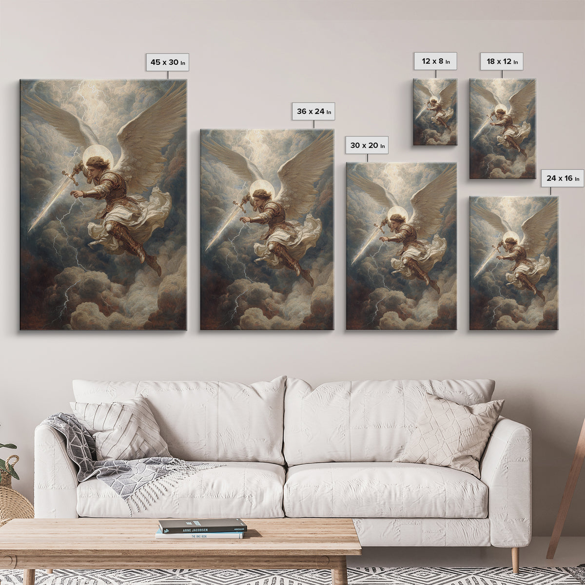 Majestic Archangel With Sword In Stormy Skies Wall Art Framed Canvas Print For Spiritual Home Decor
