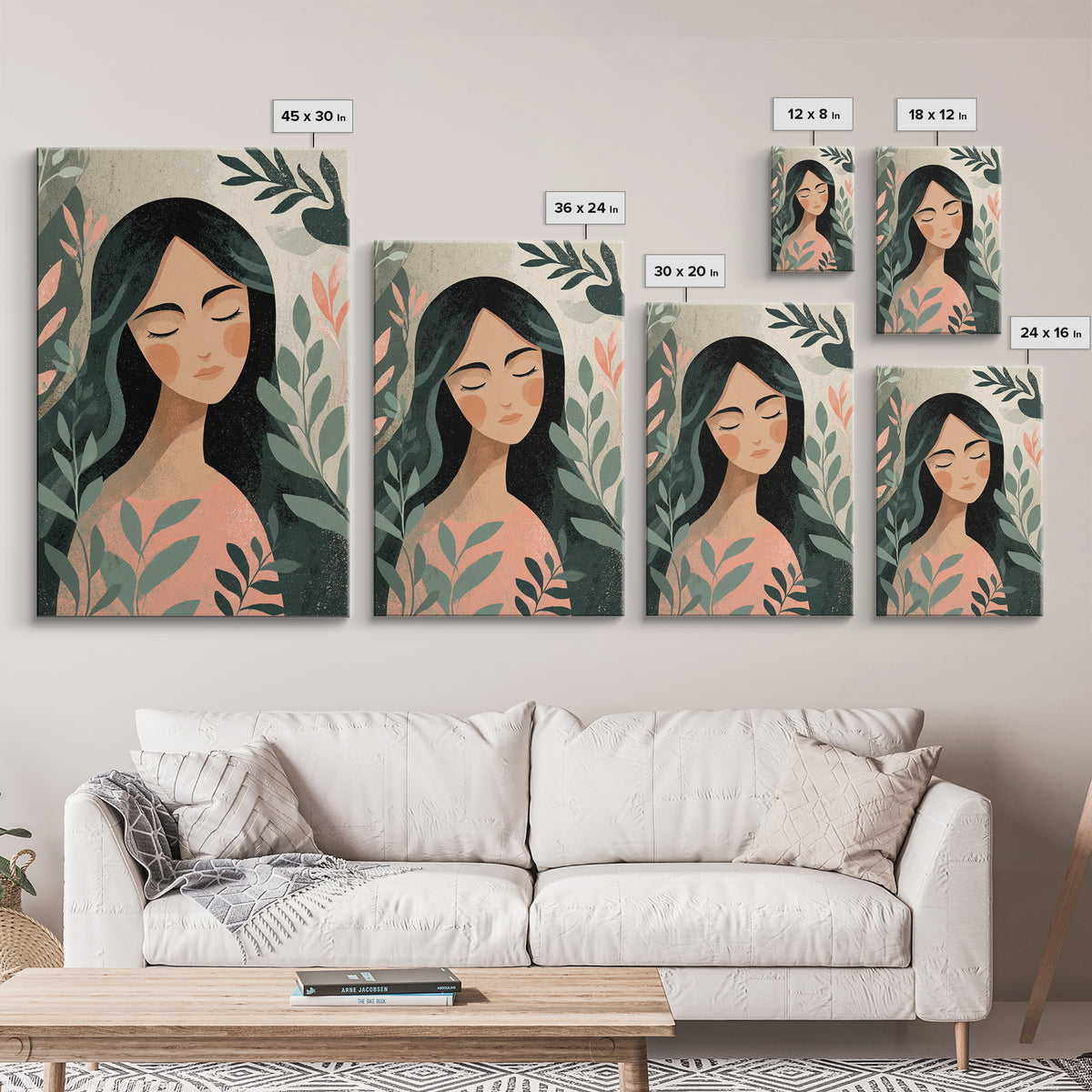 Serene Botanical Woman Portrait Wall Art, Feminine Boho Decor, Modern Illustration Print, Nature Inspired Art, Gift For Her