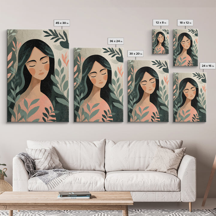 Serene Botanical Woman Portrait Wall Art, Feminine Boho Decor, Modern Illustration Print, Nature Inspired Art, Gift For Her