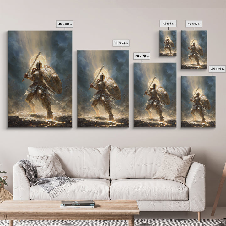 Heroic Knight In Golden Armor Digital Painting Canvas Print Wall Art For Medieval Decor And Fantasy Room Accent