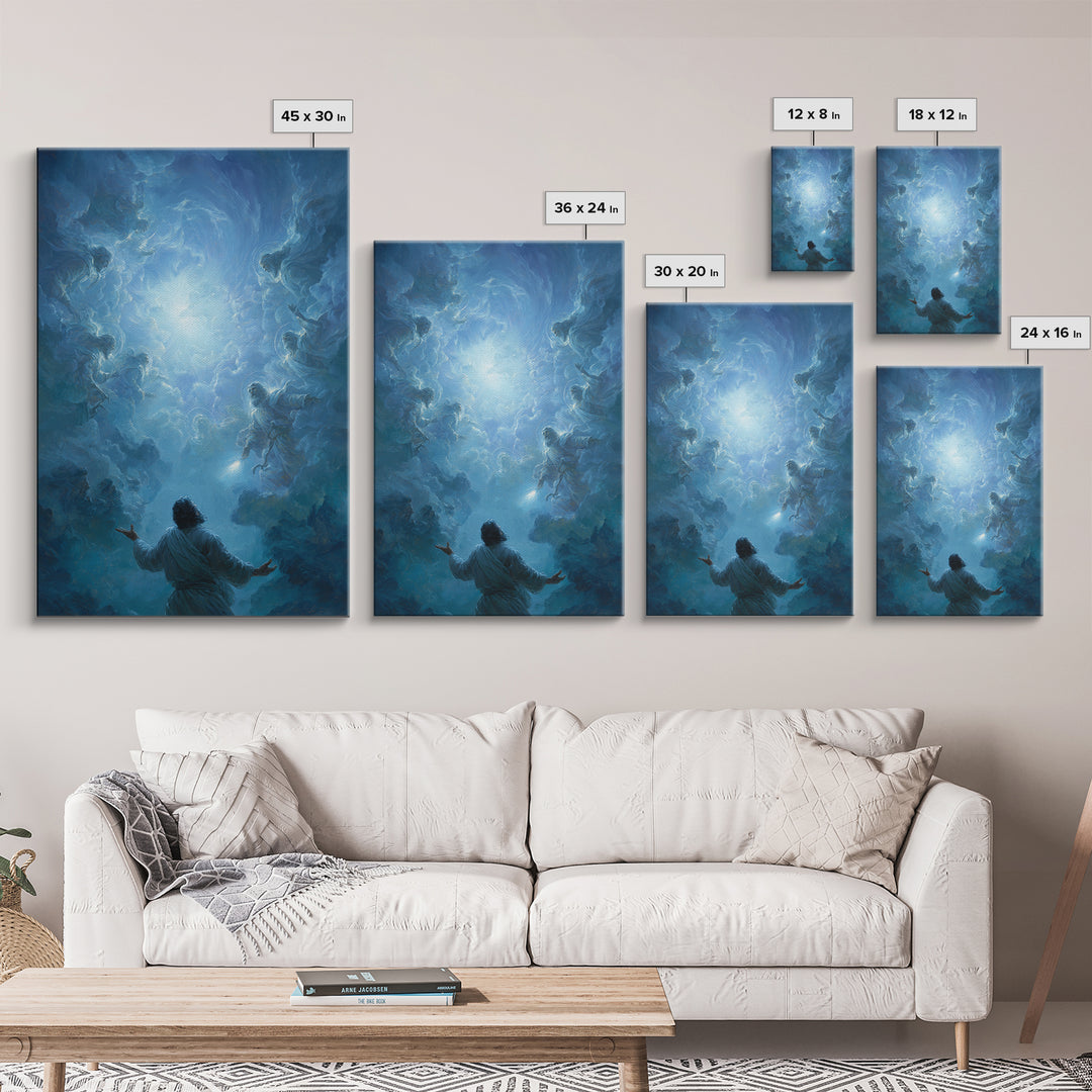 Celestial Encounter With Divine Figures In Blue Sky Spiritual Wall Art Framed Canvas Print For Home Decor