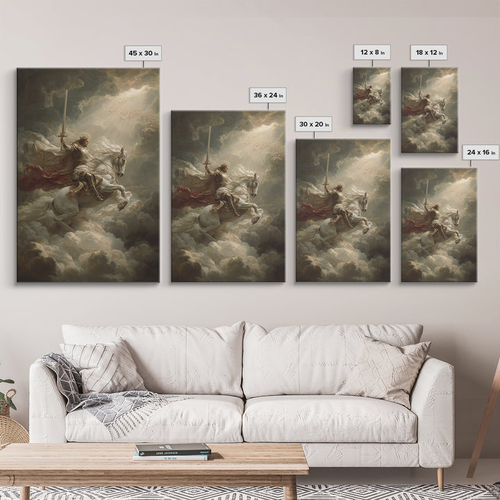 Majestic Knight On White Horse Charging Through Clouds Oil Painting Canvas Print For Romantic Bedroom Decor And Fantasy Art