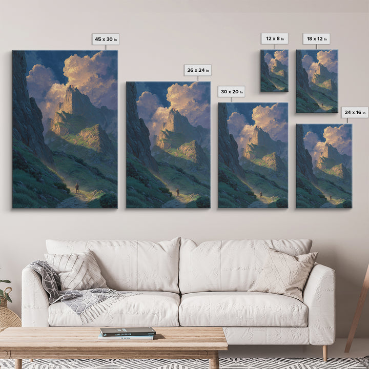Epic Mountain Landscape With Brave Knight Walking Path Dramatic Sky Fine Art Canvas Print For Living Room