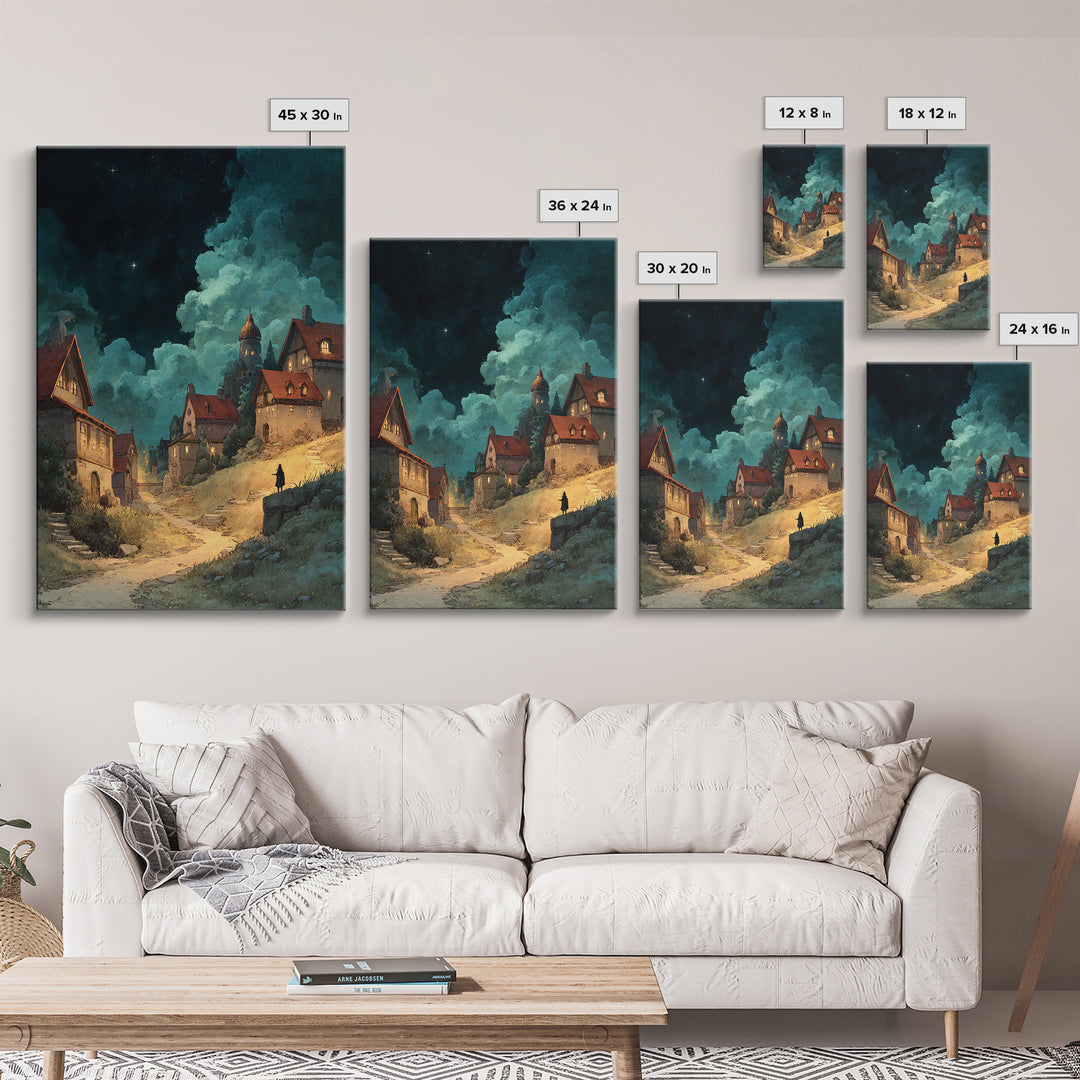 Fantasy Village Landscape With Glowing Lights At Night Framed Canvas Print Large Wall Art For Living Room