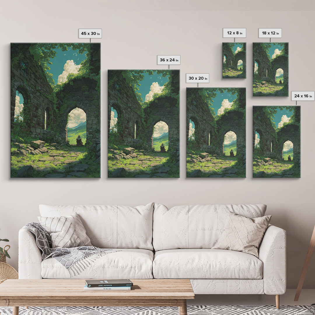 Mystical Forest Ruins With Lush Greenery And Blue Sky Fantasy Digital Art Wall Art Canvas Print For Nature Lovers