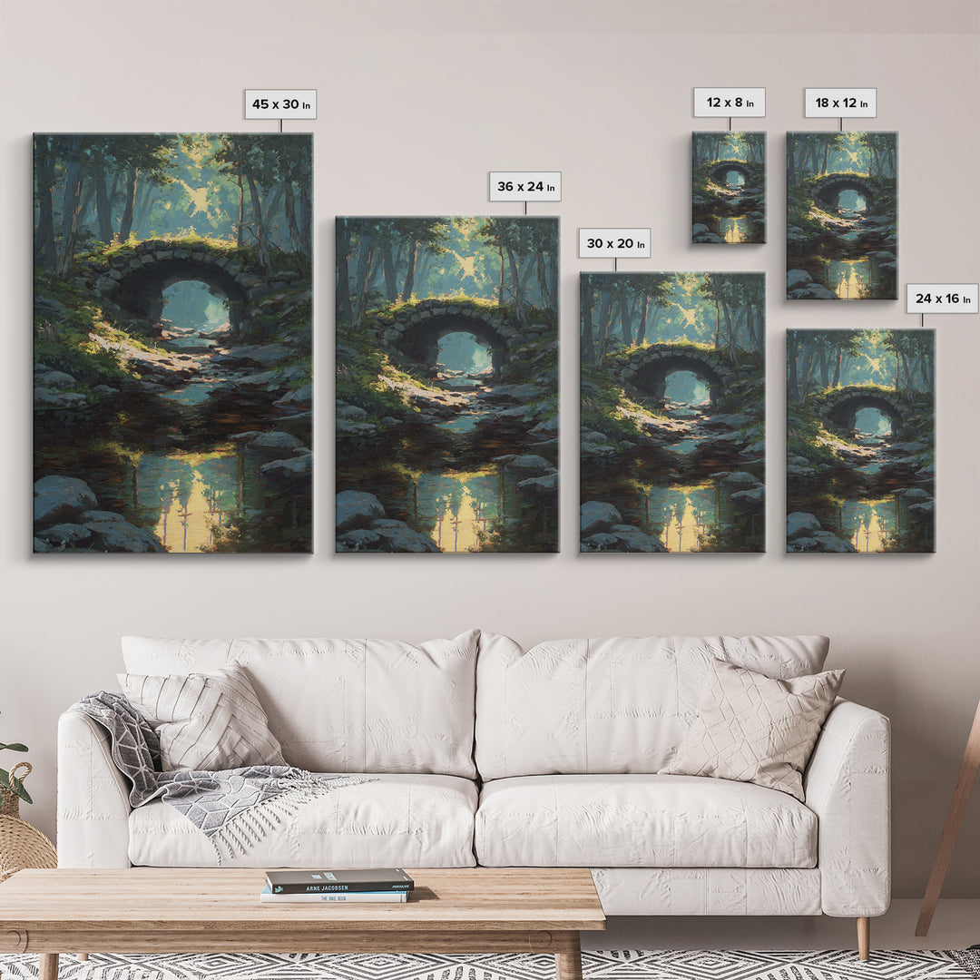 Serene Forest Path Under Stone Bridge With Dappled Sunlight Original Oil Painting Wall Art Framed Canvas Print