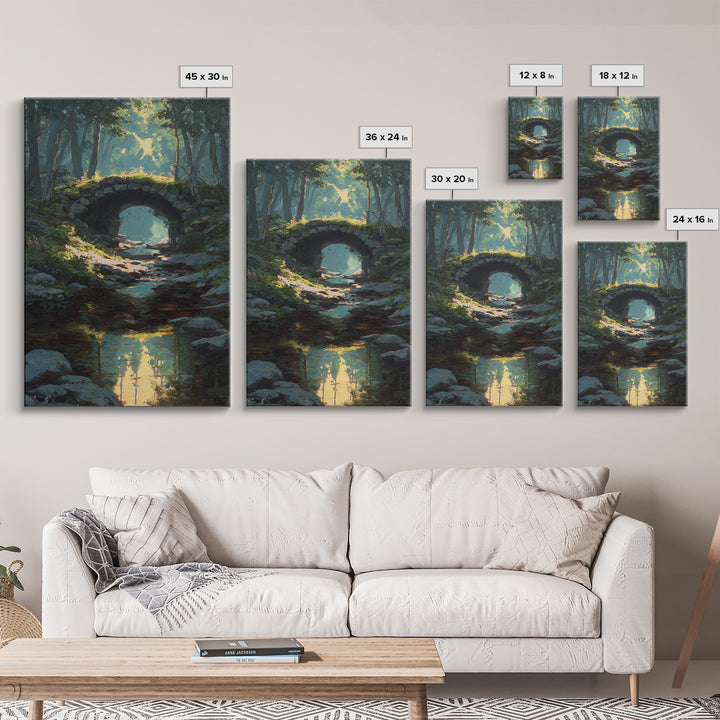 Serene Forest Path Under Stone Bridge With Dappled Sunlight Original Oil Painting Wall Art Framed Canvas Print